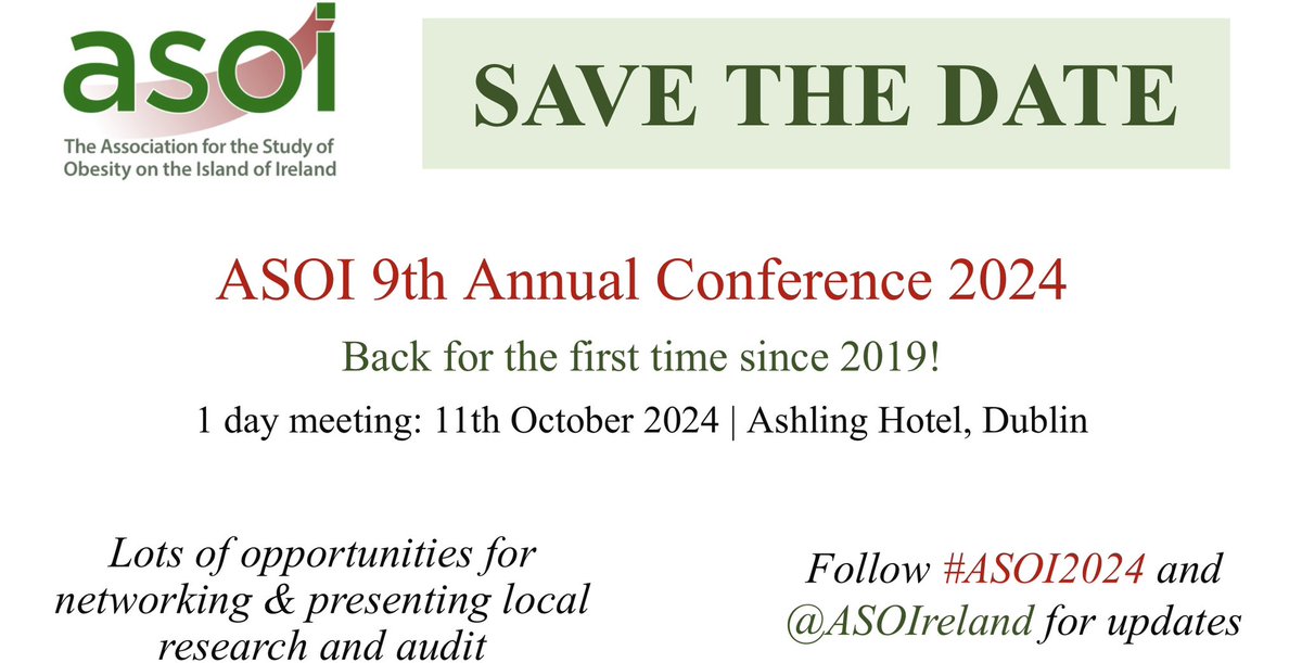 📣 <a href="/ASOIreland/">ASOI</a> Annual conference is back in 2024! Were planning a jam packed day with lots of opportunities for networking as well as  presentation of research &amp; audit 🤓