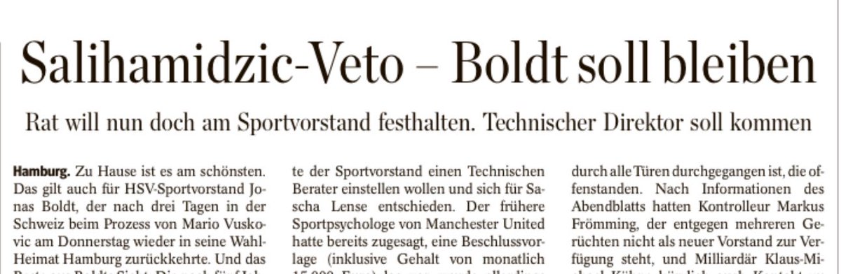 So berichtet es also @abendblatt_hsv.  Wenn der #hsv ernsthaft am seit nun 5 Jahren erfolglosen Sportvorstand #Boldt festhalten sollte, weil er seit Wochen nicht in der Lage ist, passende Alternativen zu prüfen, würde das an Selbstaufgabe grenzen. Ein Verein nahe am Abgrund.