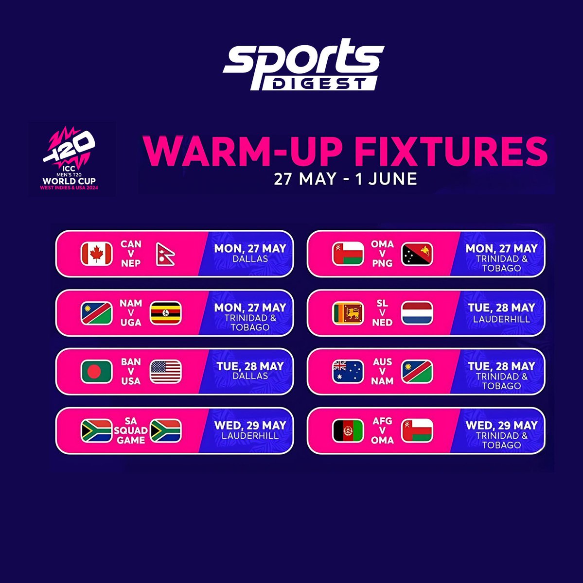 here are the warm-up fixtures for the ICC T20 World Cup 2024...🏏🏆 #ICC #t20worldcupfixture #CANVNEP #OMAVPNG #SLVNL