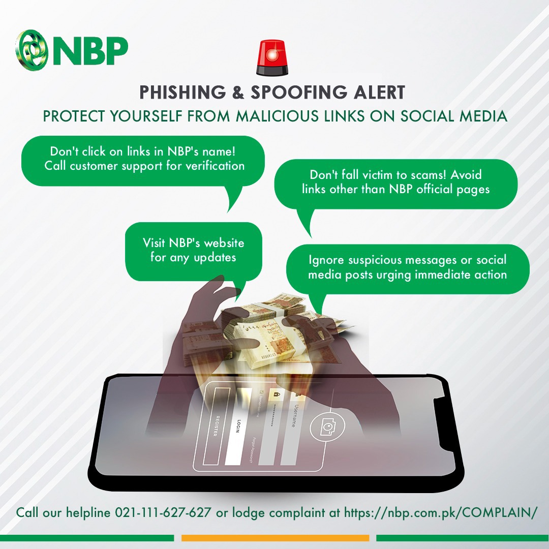 Don't fall victim to phishing and spoofing. Ignore suspicious messages urging immediate action about your NBP account. Call customer support to verify. #StaySafeOnline #NBP #NationalBankofPakistan #PhishingandSpoofingAlert #NationsBank