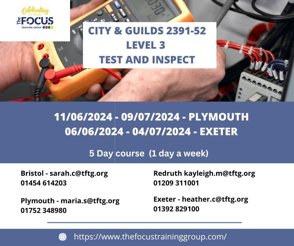 Electricians book now for the CITY & GUILDS 2391-52 Level 3 Test and Inspect Course available across all of our centres. Exeter - heather.c@tftg.org ☎️ 01392 829100 Plymouth - maria.s@tftg.org or ☎️ 01752 348980 Or book online buff.ly/4aHjiTv #ElectricalTraining