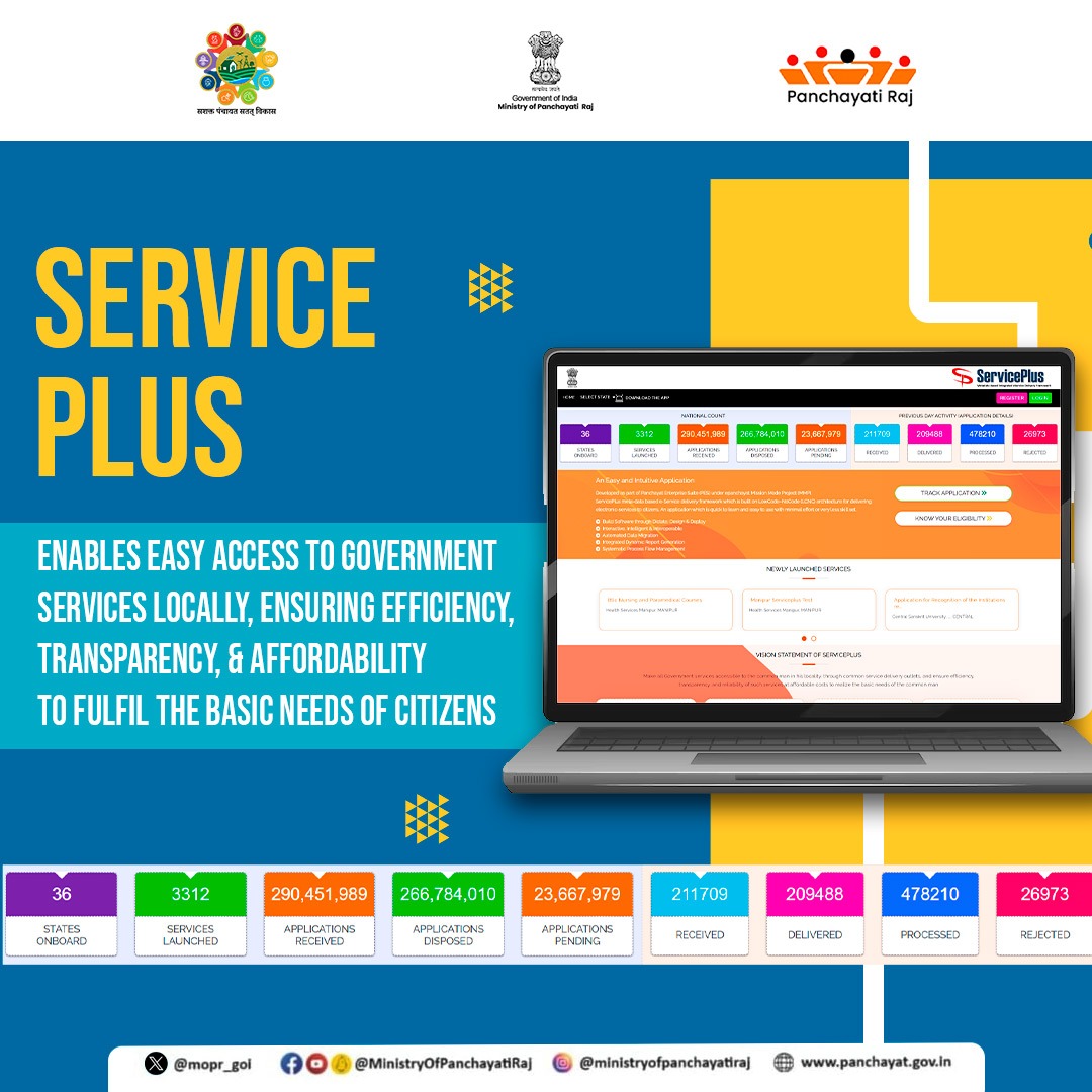 mopr_goi's tweet image. Bringing government services to your doorstep! 
Our goal is to make essential services accessible, efficient, transparent, &amp;amp; reliable for everyone. With common service delivery outlets, we ensure affordability while meeting the basic needs of Gramins. #ServicePlus #MoPR