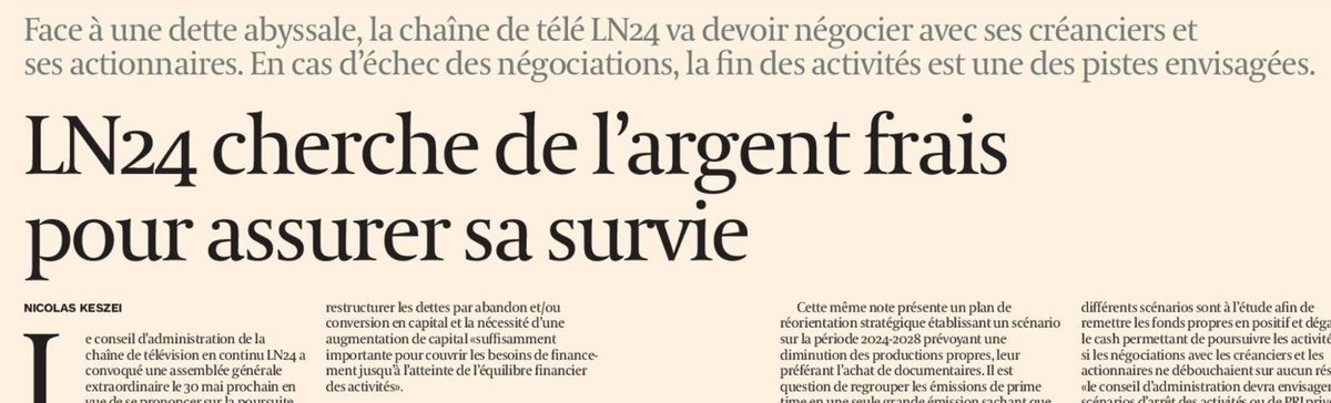 Un jour (et des pertes) sans fin.../ En interne du groupe IPM (68% des parts), 'on reconnaît, écrit  @lecho, que @lesNews24 n'est pas rentable'. Mais pour 'remettre les fonds propres en positif, François Le Hodey, CEO de IPM et président de #LN24, entend mener des négociations