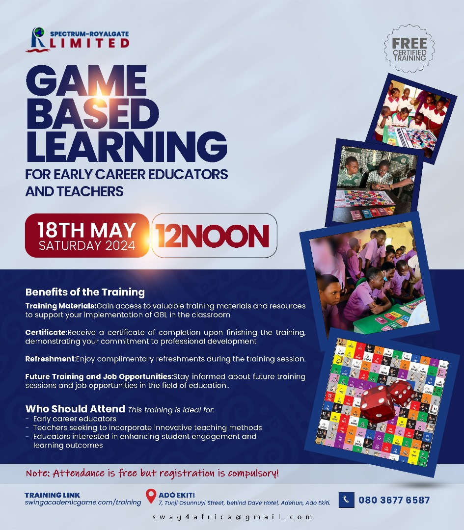 Ekiti Kete! Let's turn up for Game Based Learning tomorrow. -For early career educators and teachers. Date: Saturday, 18 May, 3024. ⌚: 12PM 📍 No 7, Tunji Osunnuyi street, behind dave hotel, adehun, Ado Ekiti. ☎️+2348036776587 Check the flyer for more details ⬇️