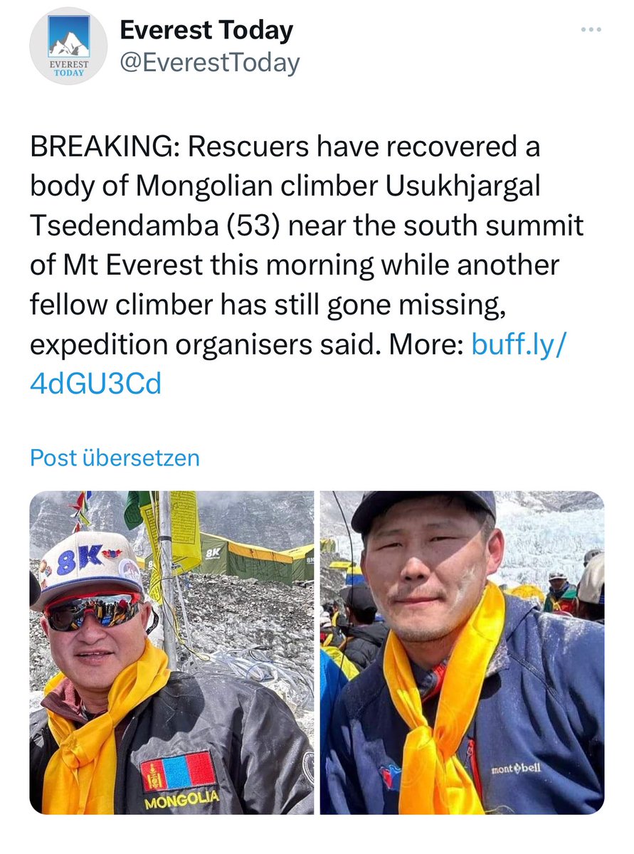 Аврах баг уулчин Ц.Өсөхжаргалын цогцсыг Эверестийн Өмнөд оргилын доохон талд 8,550м өндрөөс олжээ. Ар гэр, найз нөхдөд нь гүн эмгэнэл илэрхийлье. 🙏🙏🙏