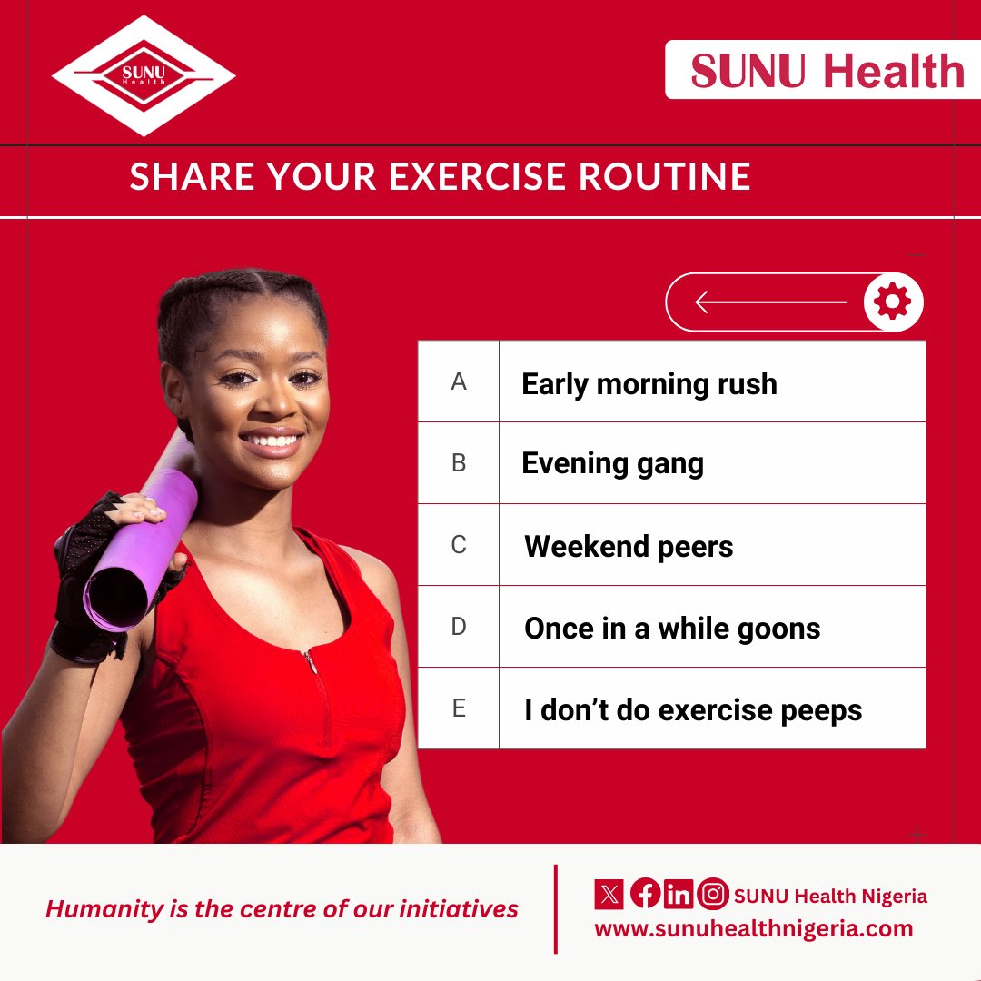Exercise is very essential for the overall well-being. Though, it can be difficult to devote some moments to it, however, there is great gain in making it a regular habit. So, tell us what your exercise routine like in the comment section. #sunuhealthnigeria #exercise