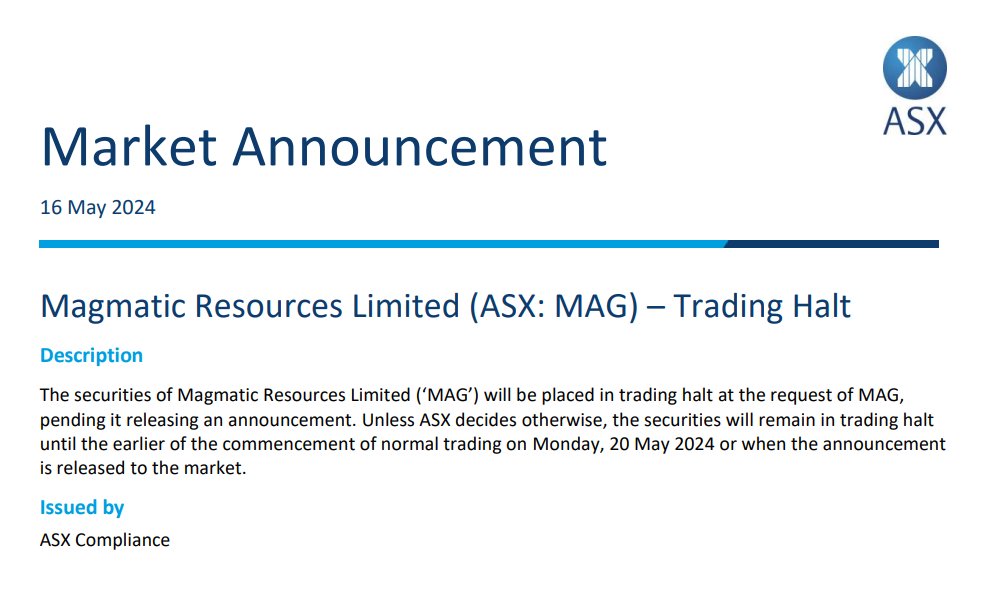 Magmatic resources going for a capital raise? 

$MAG.AX #copper $GOLD