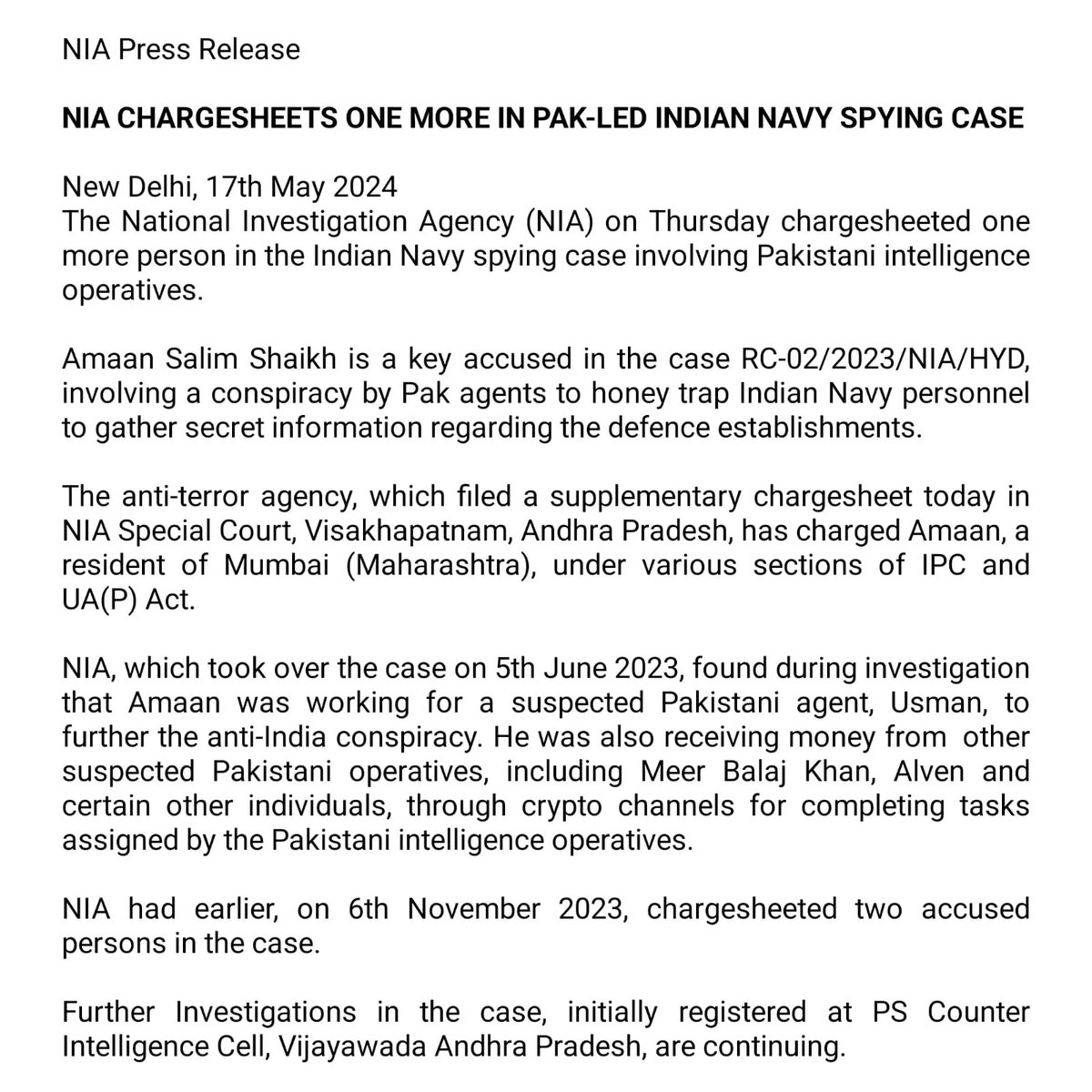 NIA Chargesheets one More in Pak-Led Indian Navy Spying Case
