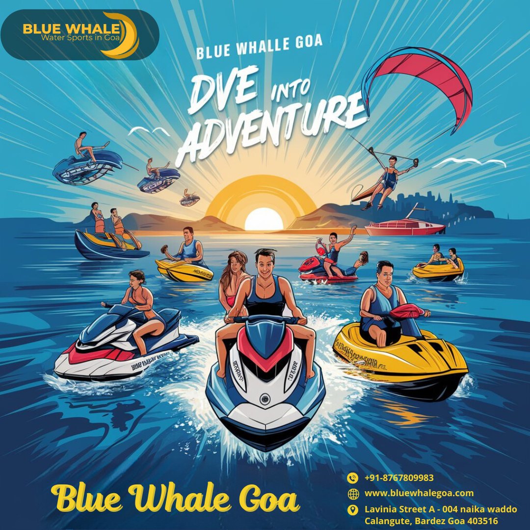 Get ready for an unforgettable day with Blue Whale Goa! Dive into scuba diving, soar high with parasailing, kayak along Goa's serene shores, and feel the thrill of jet skiing. Location: Baga Beach, Goa. Contact: +91-8767809983. 🌊🐳 #BlueWhaleGoa #WaterSports #Adventure #Goa