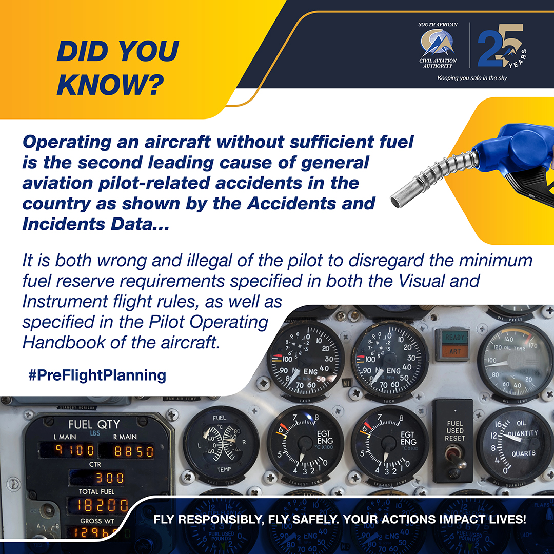 Believe it or not –   insufficient fuel is one of the leading causes of general aviation accidents.

Let’s help reduce the risk   of fuel-related accidents and incidents.

The   life saved might be yours…Don’t become a statistic.

#PreFlightPlanning
#SafetyCulture