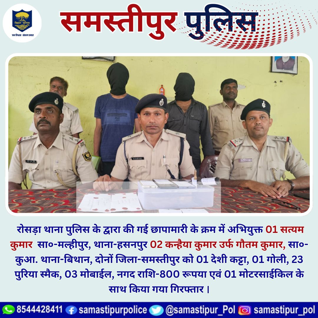 #रोसड़ा थाना पुलिस के द्वारा की गई छापामारी के क्रम में अभियुक्त 01 सत्यम कुमार सा०-मल्हीपुर, थाना-हसनपुर 02 कन्हैया कुमार उर्फ गौतम कुमार, सा०-कुआ. थाना-बिथान, दोनों जिला-समस्तीपुर को 01 देशी कट्टा, 01 गोली, 23 पुरिया स्मैक, 03 मोबाईल, नगद राशि-800 रूपया एवं 01 मोटरसाईकिल के