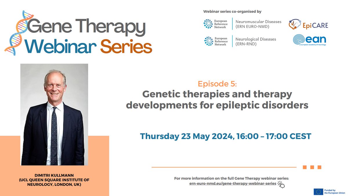 📢We are happy to announce our #webinar series on #GeneTherapy. Do not miss 'Genetic therapies and therapy developments for epileptic disorders' on Thursday 23 May, presented by Dimitri Kullmann. 

attendee.gotowebinar.com/register/88494… 

@EU_Health @EU_HaDEA @ERN_RND  @EANeurology @euro_nmd