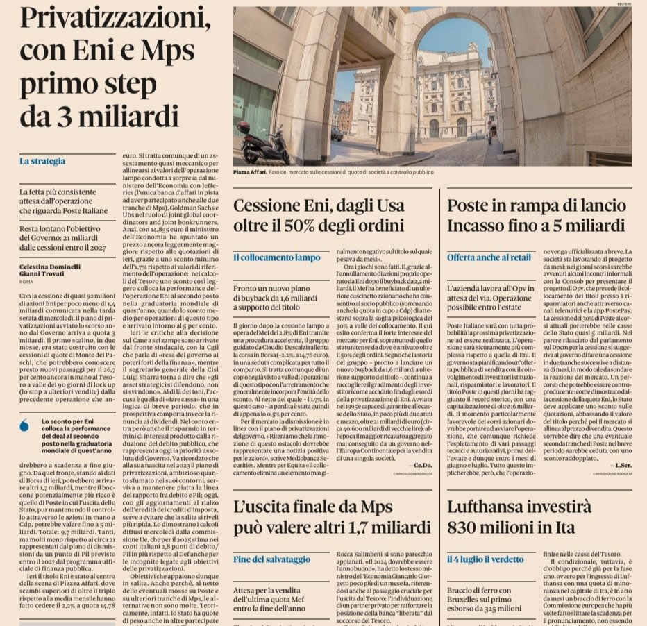 Avanti con le privatizzazioni di ENI, Poste, MPS, Ita. Sembra di essere tornati negli anni 90, quelli della riunione sul panfilo Britannia e della svendita dell'IRI. Complimenti vivissimi all'ennesimo Governo di pavidi servi del vincolo esterno.