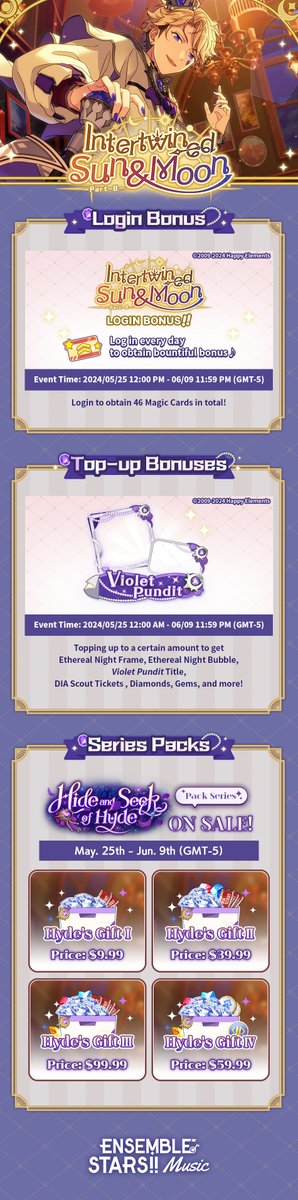 🌙Intertwined Sun & Moon: Part B will begin on May 25 (GMT-5)! ⭐️Original Scout & Event to start at 12:00 PM 📒Login Bonus claimable from 12:00 AM 🎁Limited Packs for purchasing available from 12:00 AM Please refer to the in-game notice for details!