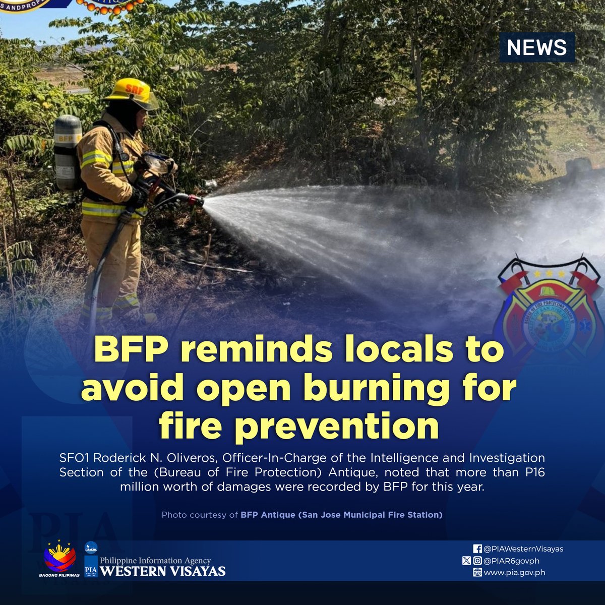 The Bureau of Fire Protection reminded the public to stop the practice of open burning as it causes fire incidents leading to huge damage to properties.

Read more: pia.gov.ph/news/2024/05/1…

#BagongPilipinas
#PIAWesternVisayas
#InvolveInspireInnovate
#GetInformed