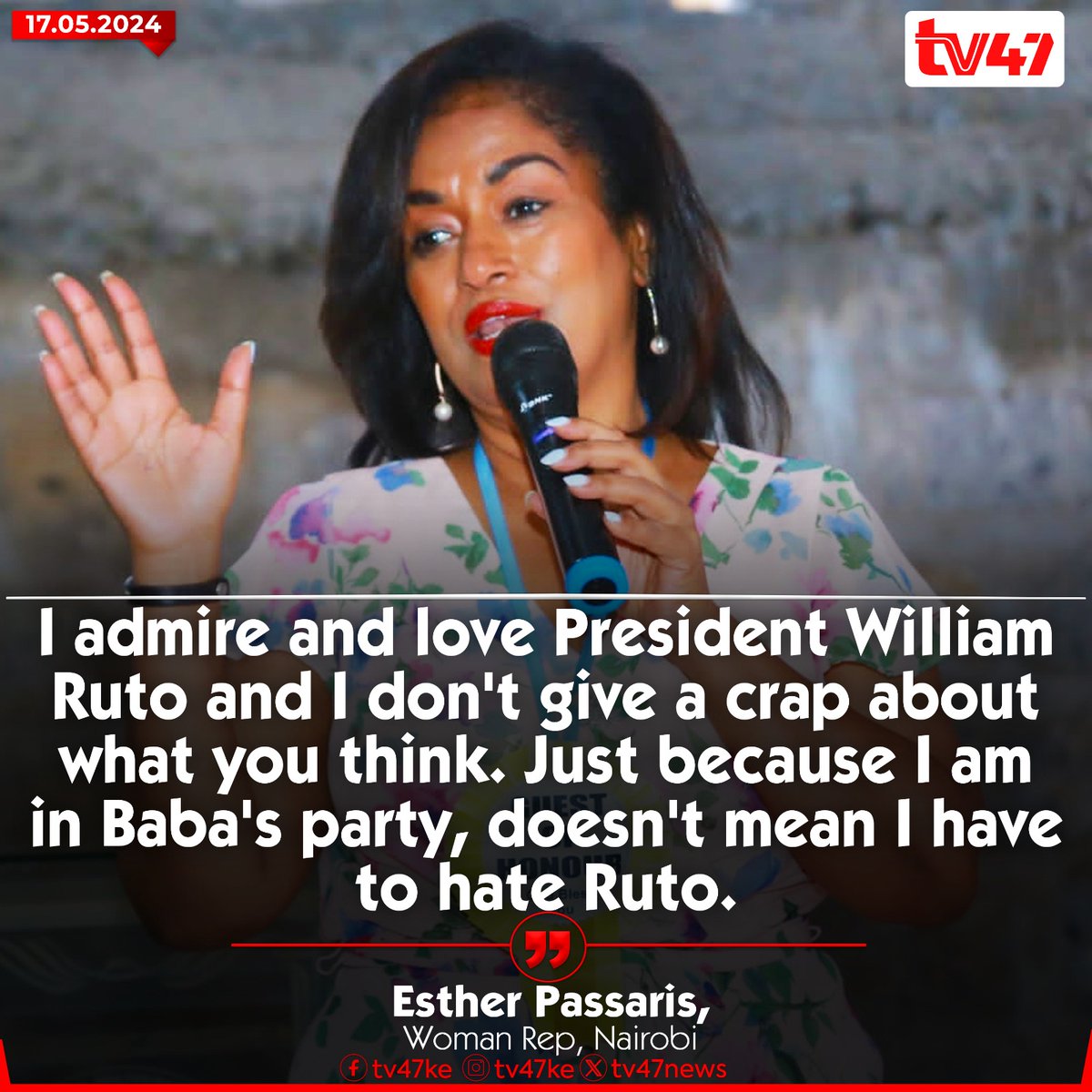 I admire and love President William Ruto and I don't give a crap about what you think. Just because I am in Baba's party, doesn't mean I have to hate Ruto. - Esther Passaris @EstherPassaris

#TV47News