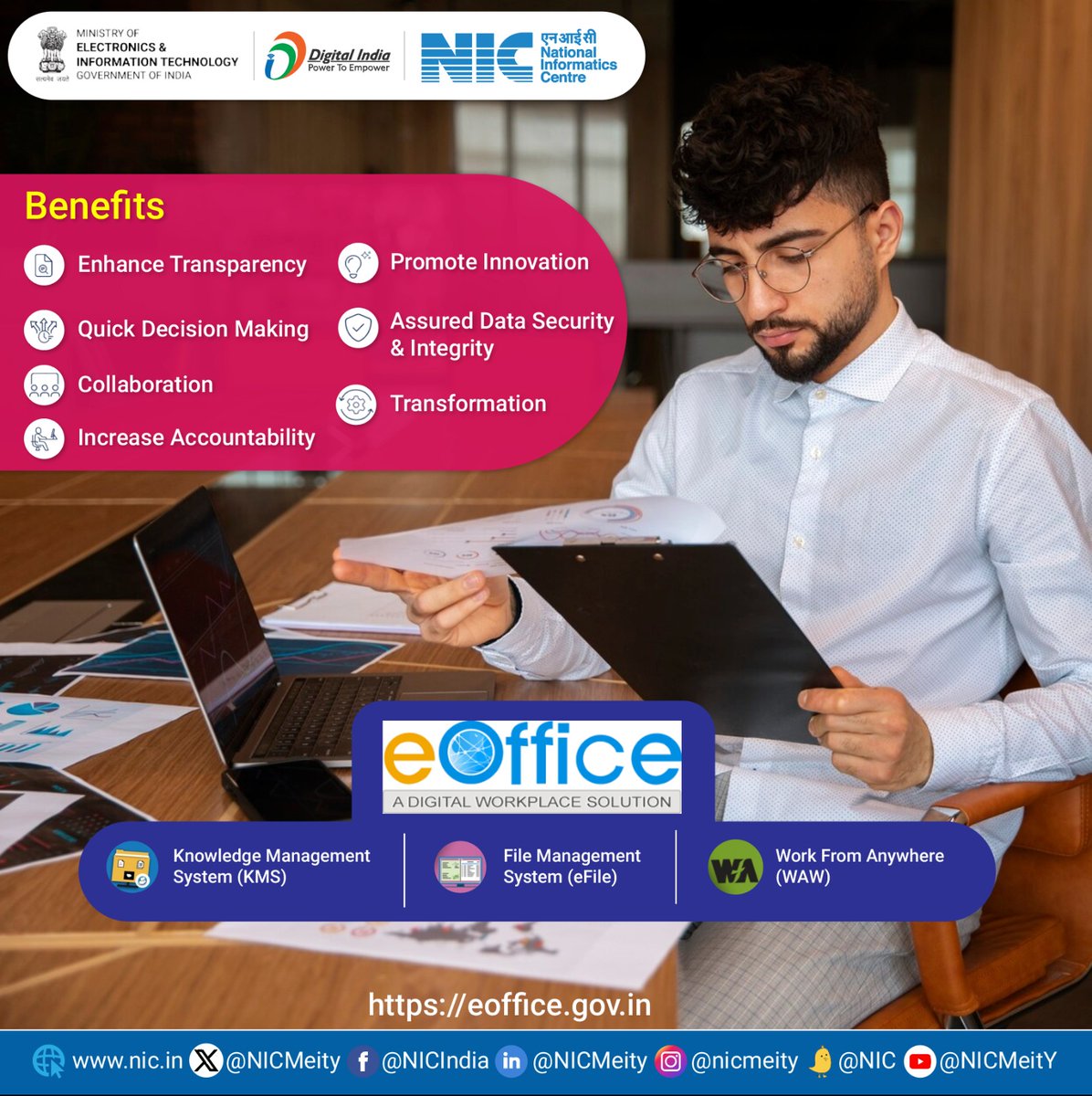 #eOffice product suite by @NICMeity facilitates simplified, responsive, effective, transparent, and #paperless working across Government offices. The product brings together the independent functions and systems under a single framework.
➡️eoffice.gov.in
#NICMeitY