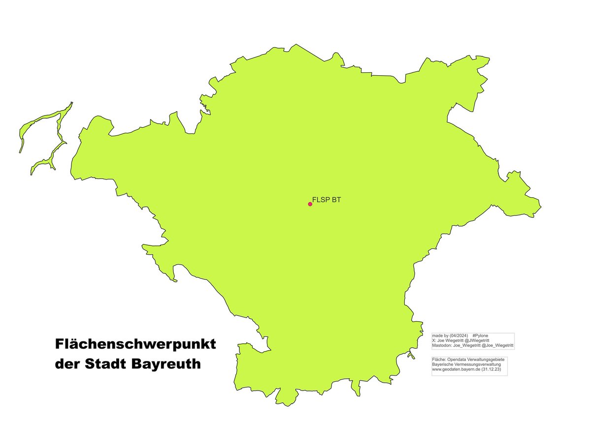 JWiegetritt's tweet photo. Zum #VDV-#Bundeskongress in Bayreuth: Der #Flächenschwerpunkt der Stadt #Bayreuth liegt in der Zeppelinstr., zwischen dem Hofgarten und dem Graf-Münster-Gymnasium. Die beiden #Exklaven im Westen wurden berücksichtigt. #MPTyp 01 #Pylone #QGIS https://t.co/Ag5yQ90fwH
