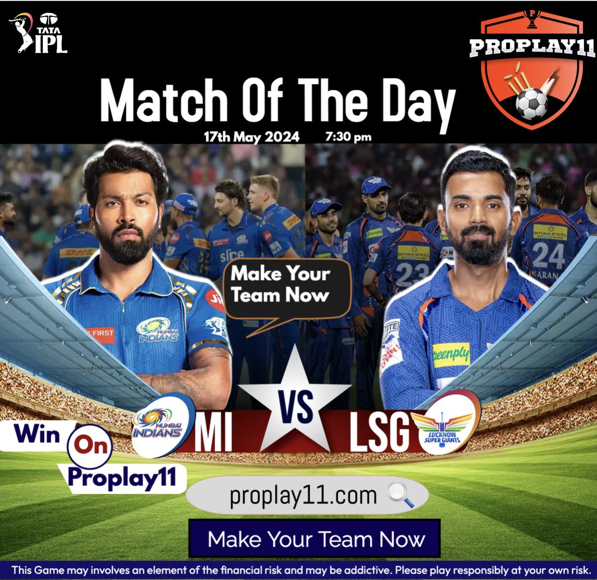 Mumbai vs Lucknow @ 7:30 in IPL! 🏏

Start your weekend with big winnings, only with Proplay11.

Join now, pick your winning team, and dominate the game! 💥💰

#IPL #MumbaivsLucknow #proplay11 #FantasyCricket #WeekendWins #mivslsg #ipl2024 #cricket #cricketlovers #cricketfans