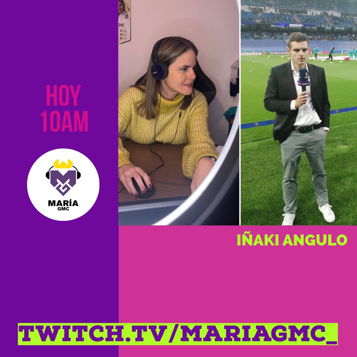 ¡BUENOS DÍAS! ¡Feliz viernes! Nos vemos a las 10am. Hoy vendrá el cacique de @inakiangulo. Yo empiezo a en punto, Mr. Cacique entra, cuando entre…se supone que a las 11am 🤣. 👉 twitch.tv/mariagmc_