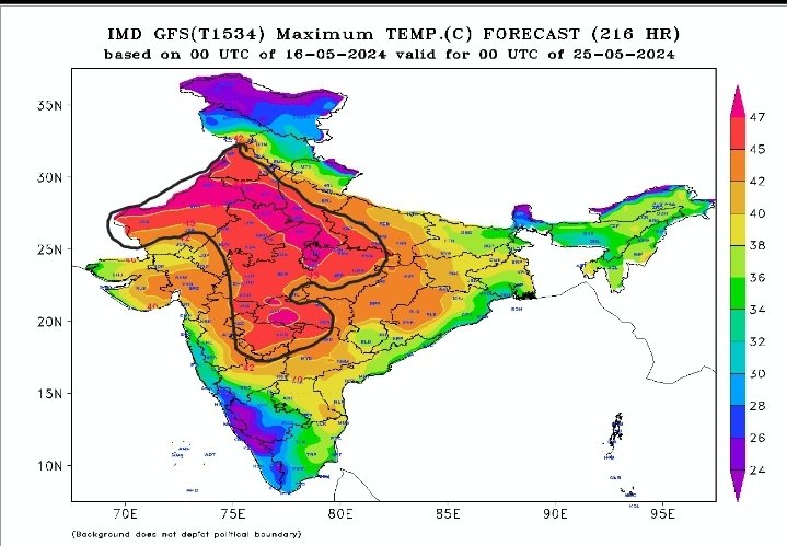 Very significant and prolonged #Heatwave to affect entire north #India this weekend - next week. Parts of #Rajasthan #Bundelkhand #MadhyaPradesh west #Haryana to experience maximum temperature in the range of 45 to 48°c, #Punjab #Delhi NCR, #UttarPradesh b/w 43-46°c till 23rd