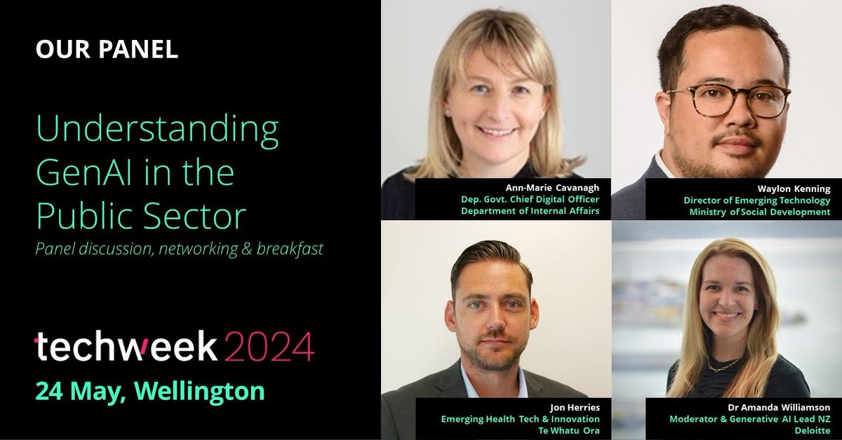 Amanda J Williamson (@amandaondata) on Twitter photo GenAI is raising big questions for government leaders! In Wellington on Friday Ann-Marie Cavanagh, Waylon Kenning & Jon Herries will tackle some of them in a panel discussion for <a href="/TechweekNZ/">TechweekNZ</a>.
Check out all the events in NZ! techweek.co.nz/whats-on/progr… GenAI is raising big questions for government leaders! In Wellington on Friday Ann-Marie Cavanagh, Waylon Kenning & Jon Herries will tackle some of them in a panel discussion for <a href="/TechweekNZ/">TechweekNZ</a>.
Check out all the events in NZ! techweek.co.nz/whats-on/progr…
