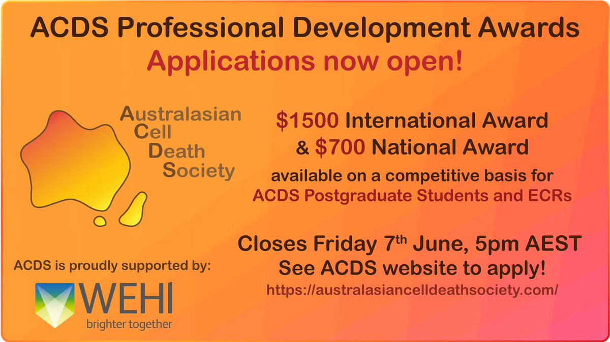 ICYMI 📢 Applications for the 2024 ACDS Professional Development Awards are NOW OPEN! 🏅 This year we are thrilled to offer 1x $1500 & 1x $700 awards to support the careers of our PhD student or ECR members 👩‍🔬💸 Applications must close 5pm Fri 7th June, see website to APPLY NOW!