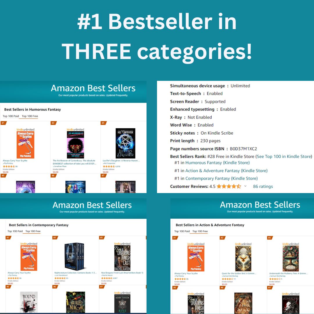 Wow! 🤩

Yesterday's Book of the Day SKYROCKETED to the #1 bestseller in THREE categories!

Congratulations to the author, @PaisleyPip 

'Always Carry Your Scythe' by Pip Paisley

Get your copy below:
forums.onlinebookclub.org/amazon.php?asi…

#freebooks #Bestseller #amazonbestseller