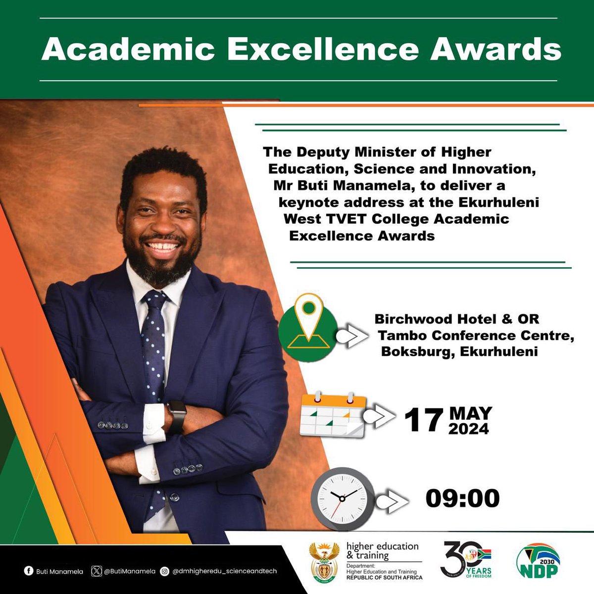 The Deputy Minister of Higher Education, Science and Innovation, @ButiManamela , will this morning deliver a keynote address at the Ekurhuleni West TVET College’s 2024 Academic Excellence Awards ceremony. #2024AcademicExcellenceAwards #CelebratingExcellence