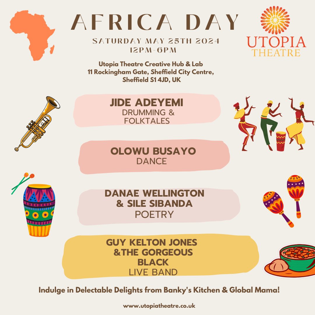 🎳ICYMI, 25th May is #AfricaDay! Our wonderful colleagues @Utopia_Theatre have a special celebration to mark it! 🪘It’s a drop-in all day affair that includes food, games, dance, poetry, music, drumming & joyful chats. FREE 💯 utopiatheatre.co.uk/events/ 🎩 @afriwoman will host