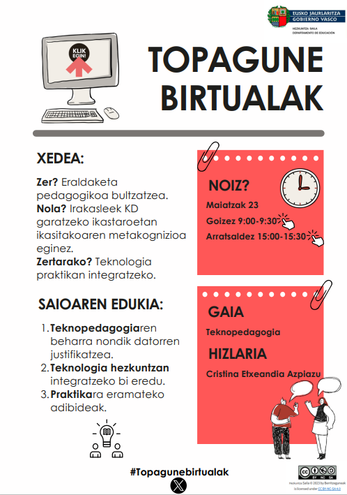 🎙️ VIII. Topagune Birtuala hemen da!

Data: maiatzak 23, osteguna
Gaia: Teknopedagogia 
Hizlaria: @crisetxeandia 

Ordutegia: 9:00-9:30 / 15:00-15:30

Estekak:
9:00: labur.eus/tb8g
15:00: labur.eus/tb8a

Info+: digigunea.euskadi.eus/eu/topagune-bi…

#topagunebirtualak