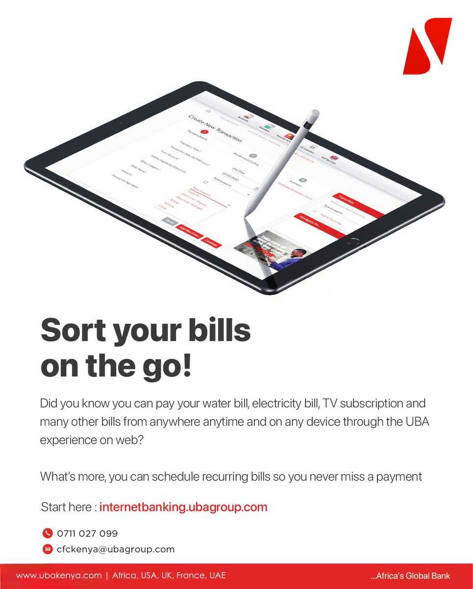 Sort your bills on the go with UBA!

Pay your water, electricity, TV, and more anytime, anywhere. Schedule recurring payments and never miss a bill!
Start now: internetbanking.ubagroup.com
#UBAkenya
#Internetbanking
#Africasglobalbank