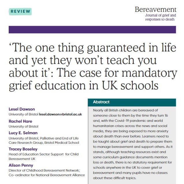 Our open access article on grief education outlines its benefits, making the case for policy change in all 4 UK countries. Our supplementary file lists 50+ grief education teaching plans, teacher training programmes &amp; other fantastic resources for schools.
bereavementjournal.org/index.php/bcj/…