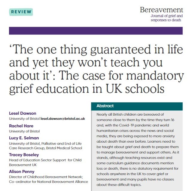 Our open access article on grief education outlines its benefits, making the case for policy change in all 4 UK countries. Our supplementary file lists 50+ grief education teaching plans, teacher training programmes & other fantastic resources for schools. bereavementjournal.org/index.php/bcj/…