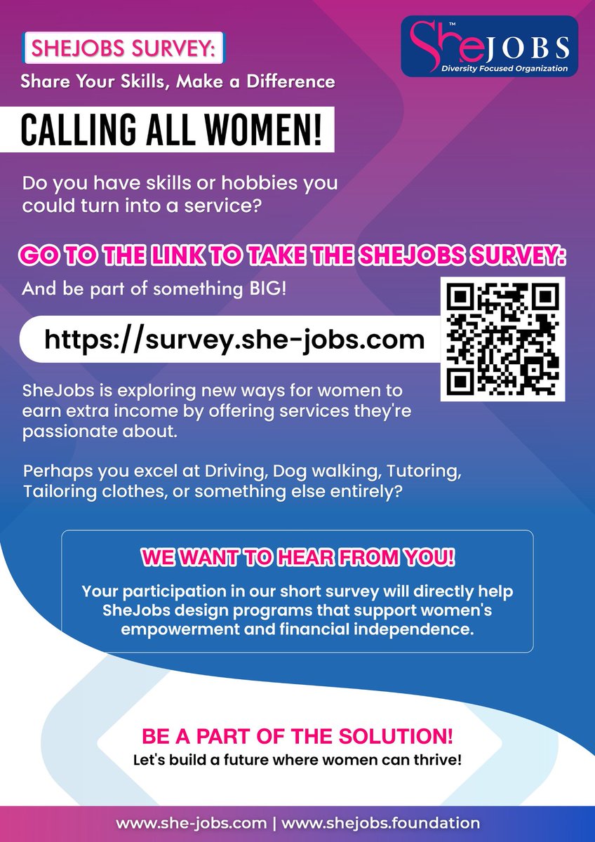 Dream of being your own boss?‍♀️ Take the survey now! survey.she-jobs.com SheJobs is here to help you turn your skills and passions into financial freedom. Every woman has the potential to be an entrepreneur! ✨ Fill out this quick survey and help us create amazing