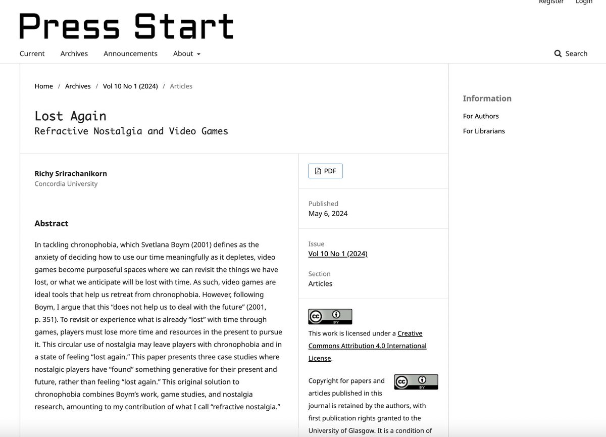🕹️New Paper Out on #nostalgia!

Nostalgia is not always about loss. Video game nostalgia GENERATES things for the present and the future -- we are not just dwelling in the past and playing with loss.

I draw on #Clubpenguin, #Minecraft, &amp; #ROBLOX

Read at: press-start.gla.ac.uk/index.php/pres…
