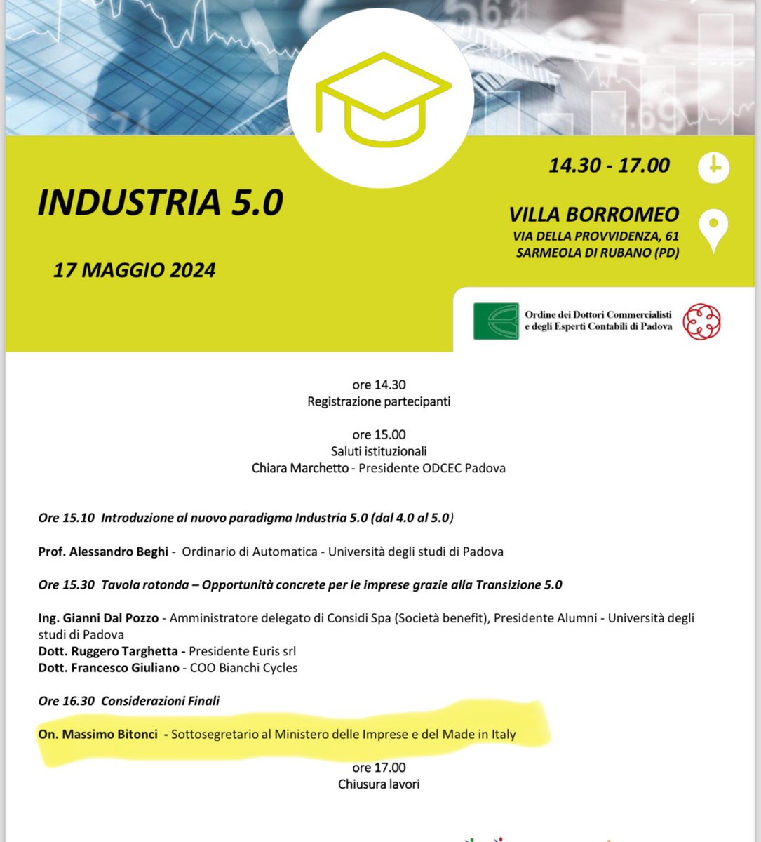 Oggi alle 16.30 interverrò all’evento dell’Ordine dei Dottori Commercialisti ed Esperti Contabili ODCEC di Padova per parlare di incentivi Transizione 5.0. @LegaSalvini @CndcecConsiglio