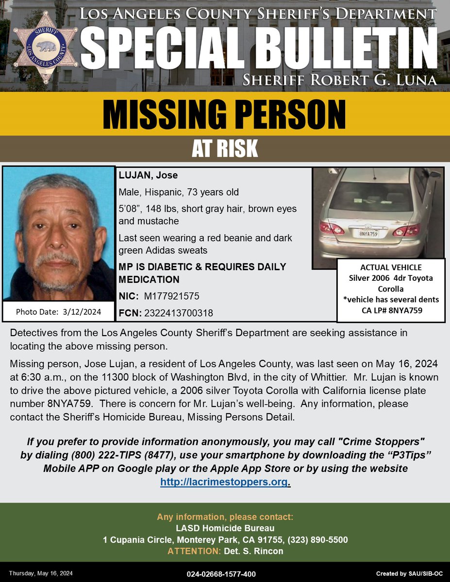 #LASD is Asking for the Public’s Help Locating At Risk Missing Person, Jose Lujan #Whittier local.nixle.com/alert/10991527