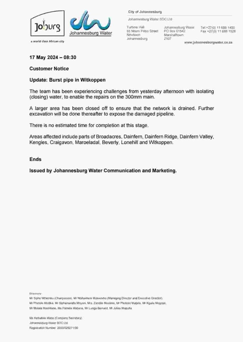 #JoburgUpdates #FourwaysWateroutage ^H