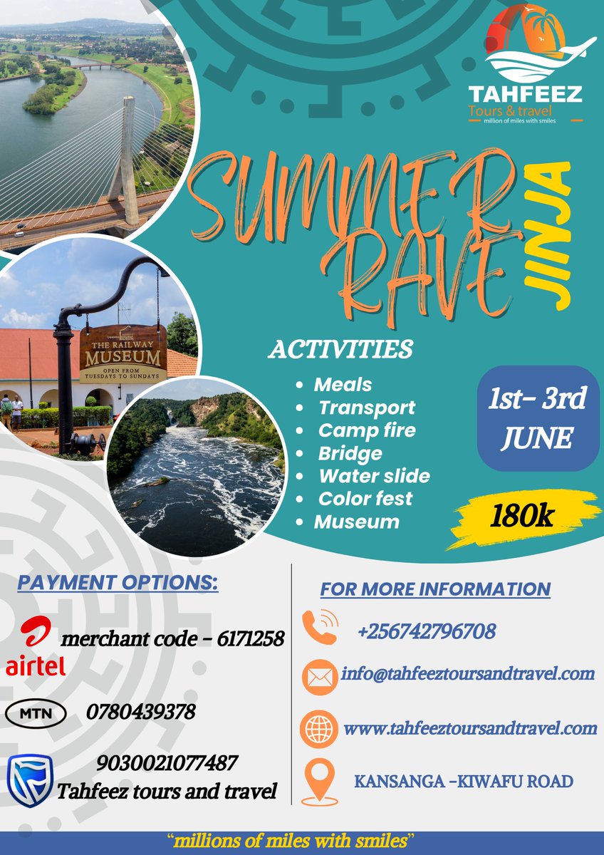 Join us this June as we launch the first ever edition of the Jinja summer Rave happening on the 1st - 3rd June. Come experience funfilled activities packed with a lot of adventure and memories. Look no further, book your slot at only 50k by contacting us on +256742796708