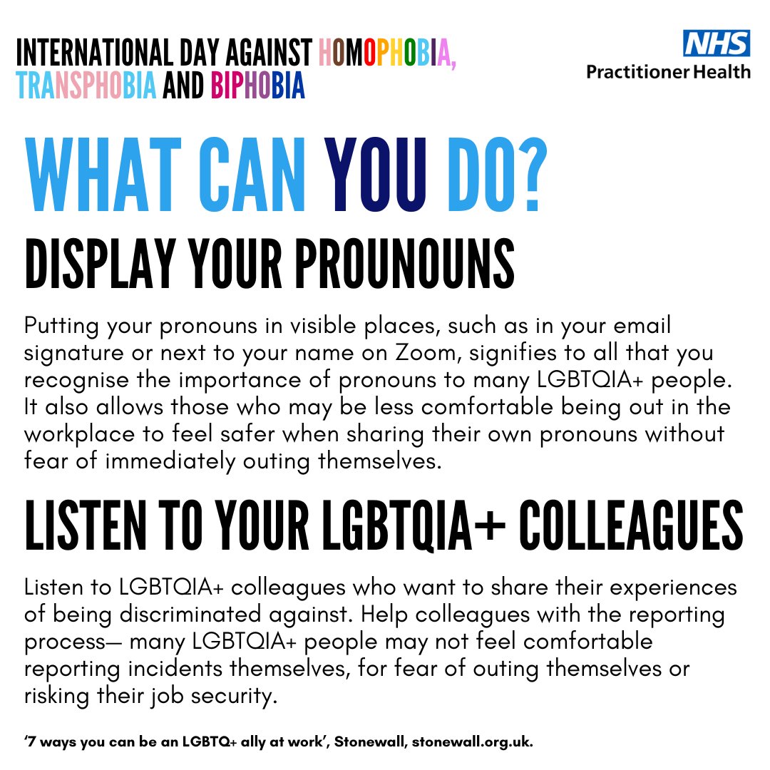 Today is the International Day Against Homophobia, Biphobia, and Transphobia. Discrimination can significantly affect a person's mental health. It is essential that we create a safe and inclusive space for LGBTQIA+ NHS staff, always. #EQW2024 #IDAHOBIT2024 #NHSPractitionerHealth