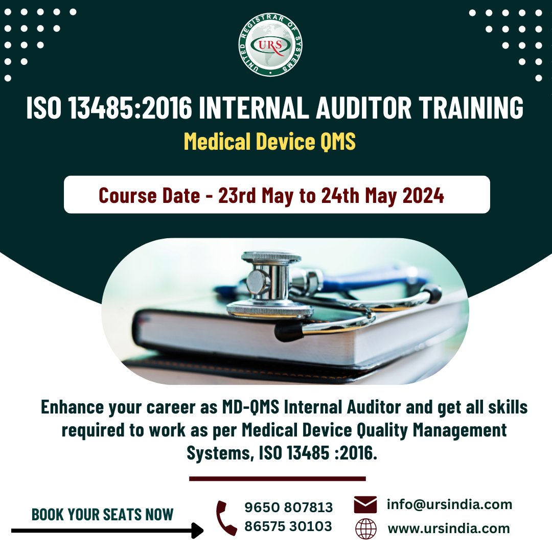 URS is organizing the internal auditor training course on ISO 13485:2016 Internal Auditor Training Course. Click on Register Now at ursindia.com/training #iso13485raining #internalauditor #medicaldevice #isotraining #auditortraining #ursindia