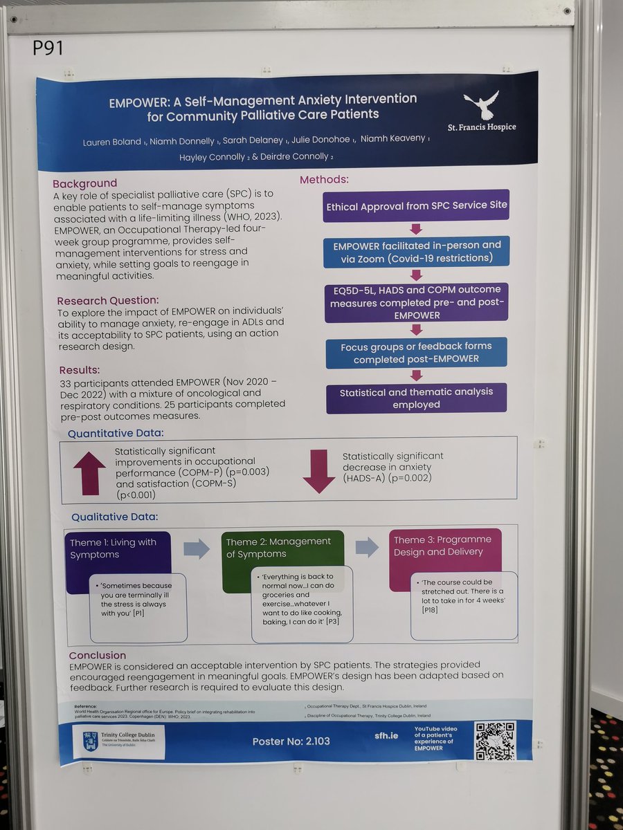 Wonderful to be at @EAPCvzw today presenting our research on EMPOWER. An OT-led self-management intervention for palliative patients in @SFHDublin. Check out poster P91 to learn more! @NiamhCDonnelly @tcd_ot @deirdretcd @AIIHPC @palliativeire @AIIHPC_ECRF @AOTInews @AOTIpcoag