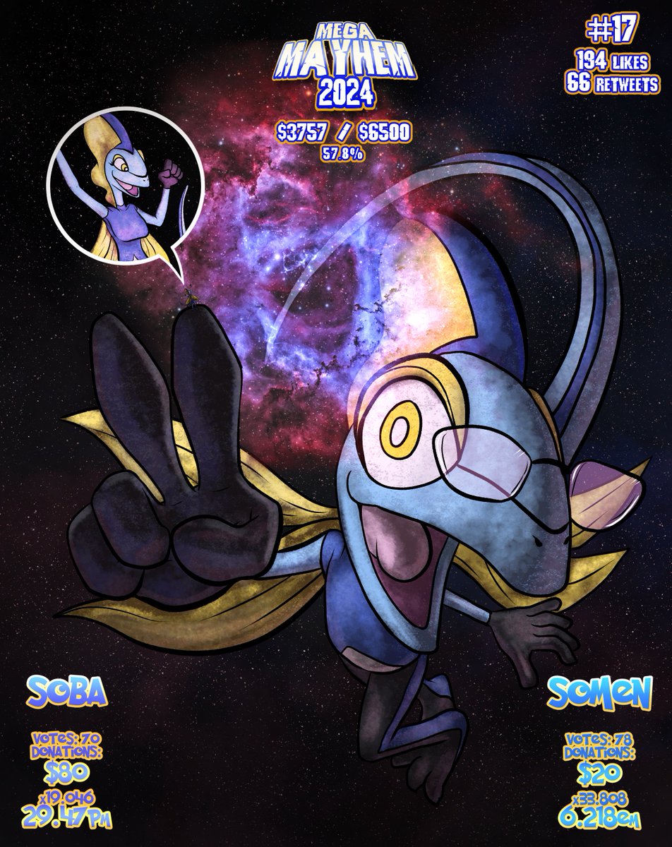 Soba got a good boost today to push us closer to our goal, and we're making steady progress every day! Somen's now over 657 light-years tall, meaning he's the perfect size to present a beautiful Rosette Galaxy to Soba! It's hard to imagine she's over 3 light years tall herself!