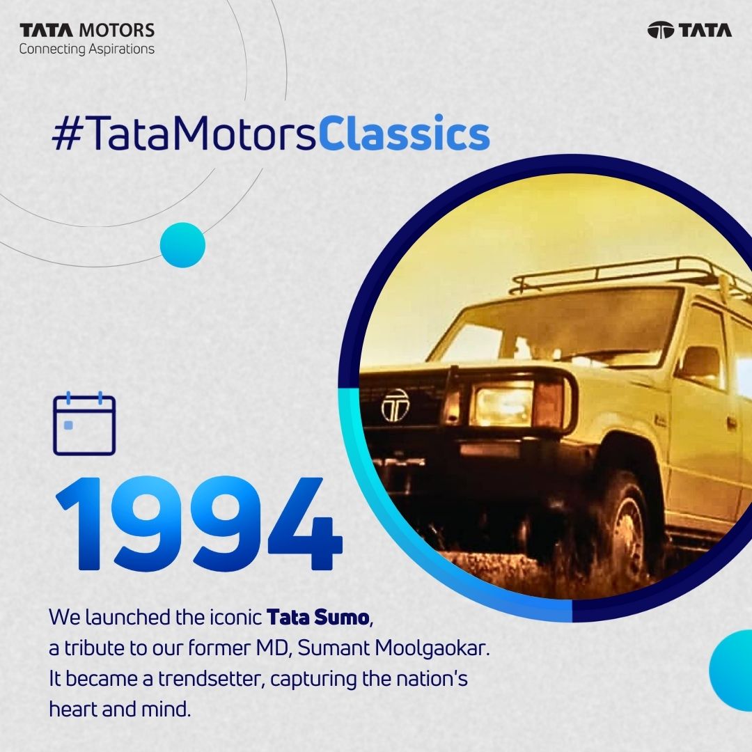 In 1994, Tata Motors launched the Tata Sumo, capturing the hearts of millions across India. Renowned for its durability and spaciousness, it became the go-to vehicle for enthusiasts and families alike.

Stay tuned to #TataMotorsClassics for more such glimpses into our incredible