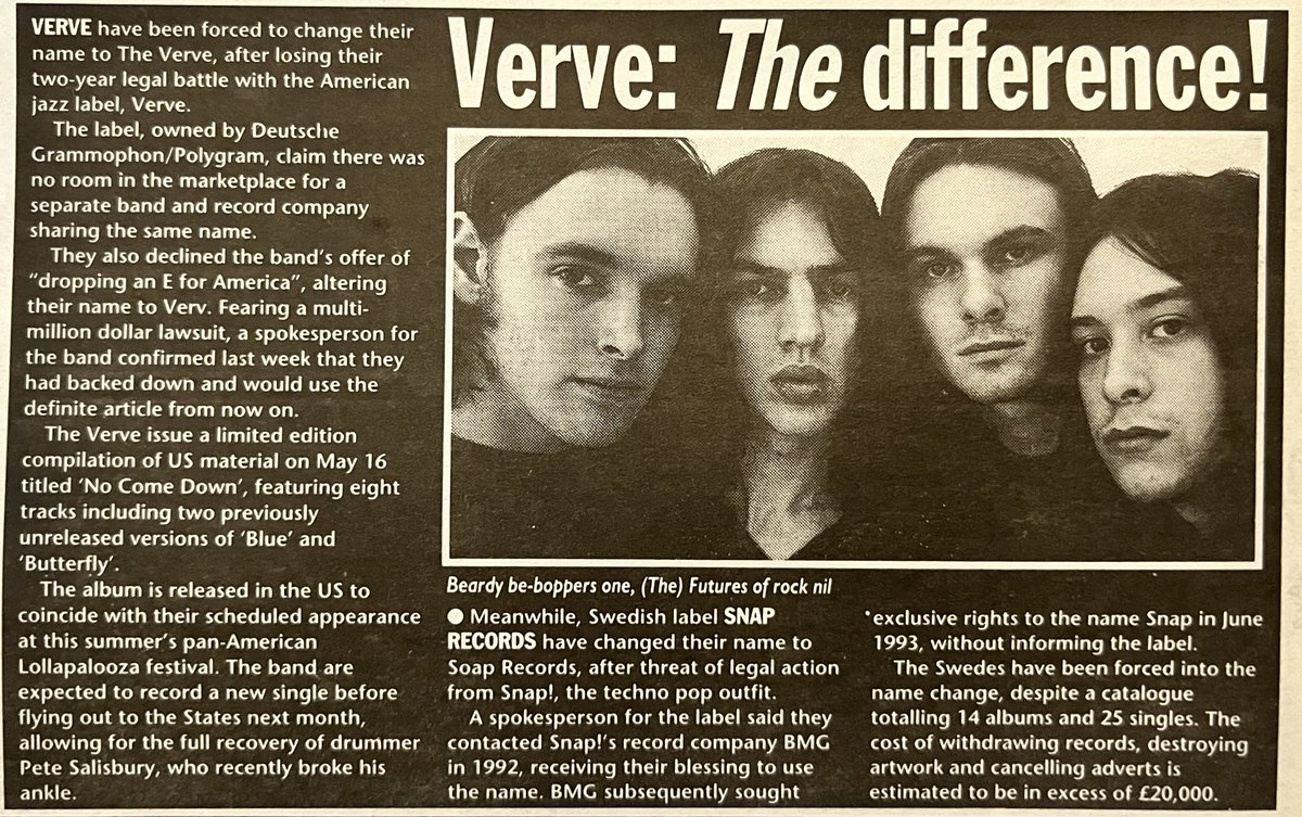 Verve vs Verve. Verve wins. Verve becomes The Verve. Verve remains Verve. Got it? Here’s the story as reported by the NME 30 years ago this week.
