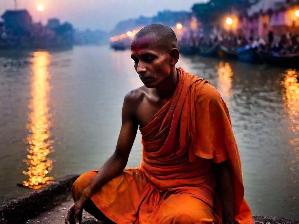 Arunji_Official's tweet image. AI generated-- This is insane ! 🥶🥶

Prompt -- Generate an image of a monk standing on the ghats of the sacred Ganga River in Varanasi during early morning twilight and looking at Ganga. He is wrapped in traditional orange robes and has a shaved head. In his hands, he holds…