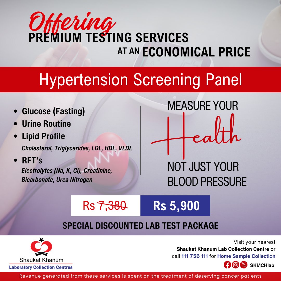 Keep track of the impact of your blood pressure on your health with Shaukat Khanum’s discounted Hypertension Screening Panel. Home Sample Collection 111 756 111 View more test panels: shaukatkhanum.org.pk/testpanels #SKMCHlab #SKMCH #Hypertension