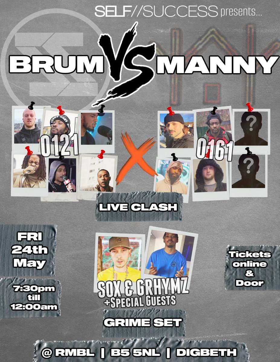 BRUM VS MANNY CLASH - FRIDAY MAY 24TH ⚔️ Brum: - @RGG_Tech - @Drizz_gb - @StretchDCM - @varntaeofficial - @mrselfsuccess - @maydaymayo Manny: - @p1caps - @KimeRaps - @essm4c - @Niftyyyyyyy Live in Birmingham Cc: @treehousewalshy Tickets: shorturl.at/ODpgs