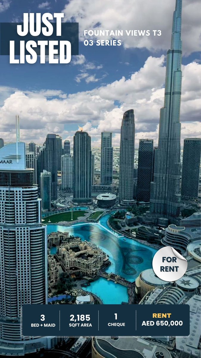 🏡✨ For Rent: Luxurious Fountain Views T3 - 03 Series ✨🏡 🌟 2,185 SqFt 🌟 Full Fountain View 🌟 AED 650K | 1 Cheque Step into unparalleled luxury in Downtown Dubai. Breathtaking views #DubaiLiving #LuxuryRealEstate #DubaiRentals #FountainViews #DowntownDubai #RealEstateDubai